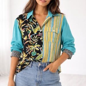 KOOS of Course Women's Medium Multicolor Button Down Shirt 100% Silk Tunic VTG